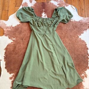 Chic Olive Puff Sleeve Midi Dress